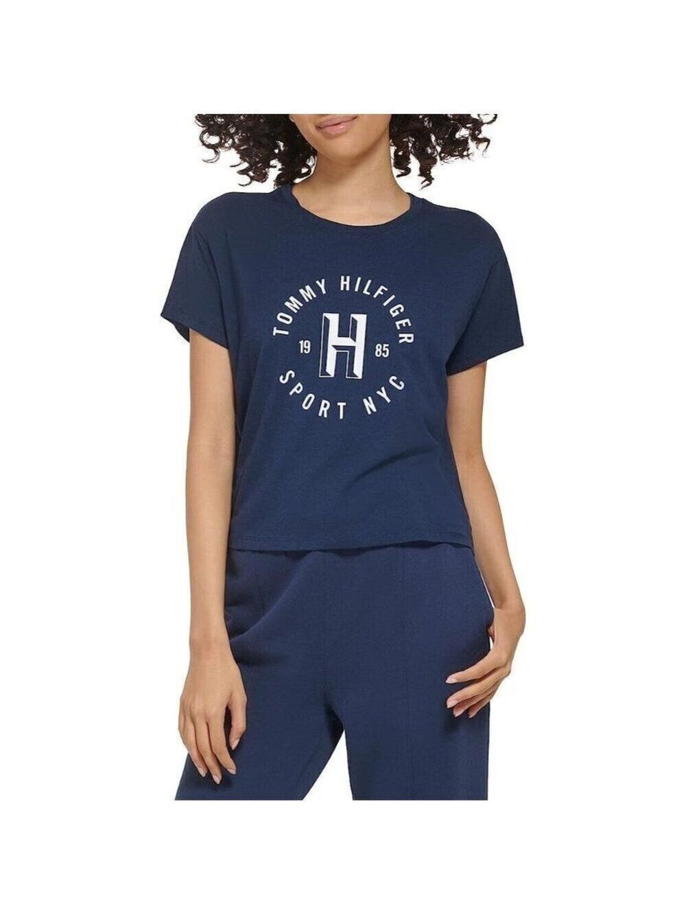Tommy Hilfiger Womens Short Sleeve Printed Chest Graphic Navy Blue T-Shi…